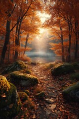 Autumn sunrise in enchanted forest