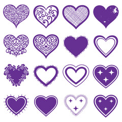 Collection of decorative purple hearts in various styles and patterns perfect for Valentines Day or romantic designs