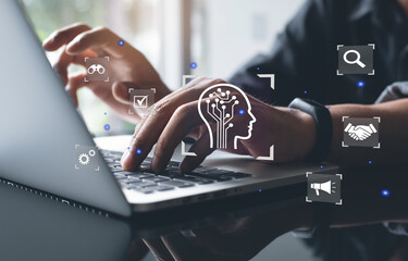 Businessman use artificial intelligence AI technology for enhanced work efficiency data analysis and efficient tools, Unlocking work potential with AI solutions chatbot help solve work problems.