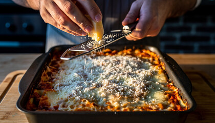 Obraz premium Crafting a comforting classic Expert hands grating savory cheese atop a hearty, oven-baked pasta casserole for dinner