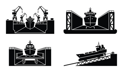Illustration of different types of dry docks with ships in isometric view