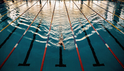 Athlete performing smooth backstroke in a calm indoor pool, symbolizing dedication to fitness and aquatic sports training