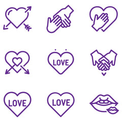 Collection of purple icons depicting love hands hearts and lips perfect for Valentines Day designs and romantic themes