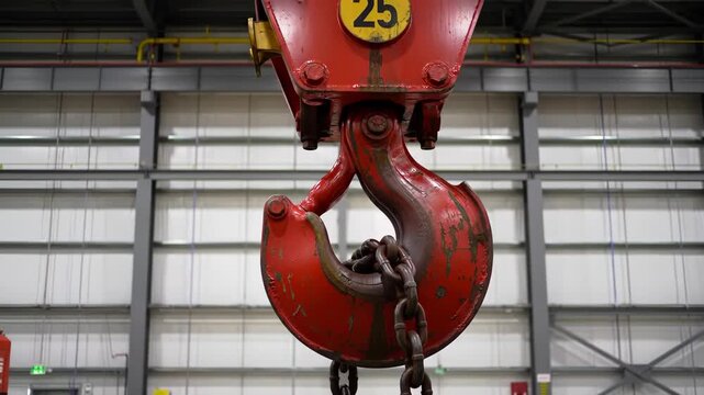Close-Up Views of Heavy Crane Hook in Industrial Setting.