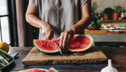 Woman's hands slicing fresh watermelon on a wooden board, preparing a healthy fruit snack in a bright kitchen