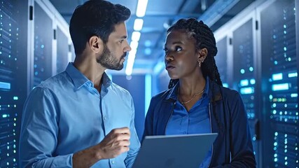 IT Professionals Analyzing Data on Laptop in Server Room.