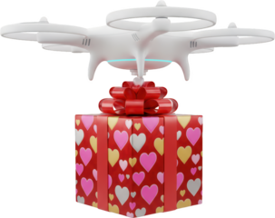 A white quadcopter drone carrying a large red gift box adorned with colorful heart patterns and a bright red bow on top delivery hearts aerial present flying modern technology