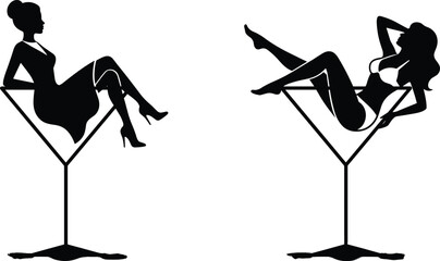 Women martini glass silhouettes isolated on white background, glamorous cocktail lounge concept, nightlife fashion illustration black vector art design graphic