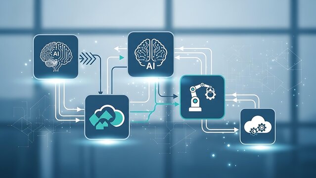 Artificial intelligence and cloud computing concept with robotic arm and brain icons connected by arrows. - Powered by Adobe