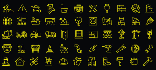 Construction icon set. Containing labor, crane, engineering, equipment, helmet, tool, builder, labour day, renovation architecture, plumbing and more. Editable line icons. Vector illustration. © Amara