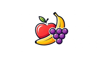 Vibrant cartoon illustration of various fresh fruits: a crisp red apple, a ripe yellow banana, and