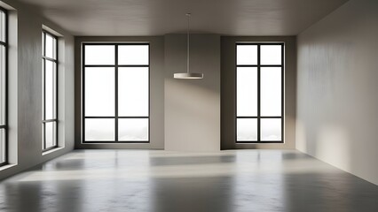 Obraz premium an empty and bright living room with large windows and clean floor and painted walls 