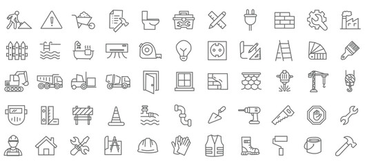 Construction icon set. Containing labor, crane, engineering, equipment, helmet, tool, builder, labour day, renovation architecture, plumbing and more. Editable line icons. Vector illustration. © Amara