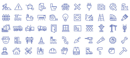 Construction icon set. Containing labor, crane, engineering, equipment, helmet, tool, builder, labour day, renovation architecture, plumbing and more. Editable line icons. Vector illustration. © Amara
