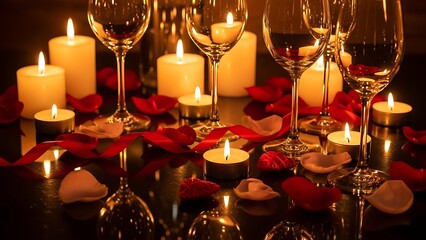 A romantic dinner setting for a Happy Valentine's Day with candles, wine, and rose petals on a luxurious table
