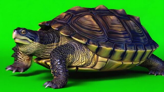 Majestic turtle with vibrant shell on green background moving slowly
