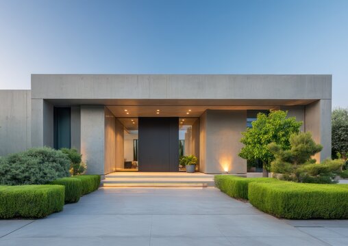 A minimalist flat roof home with smooth concrete fasade recessed lighting and wide glass doors Landscaping includes symmetrical