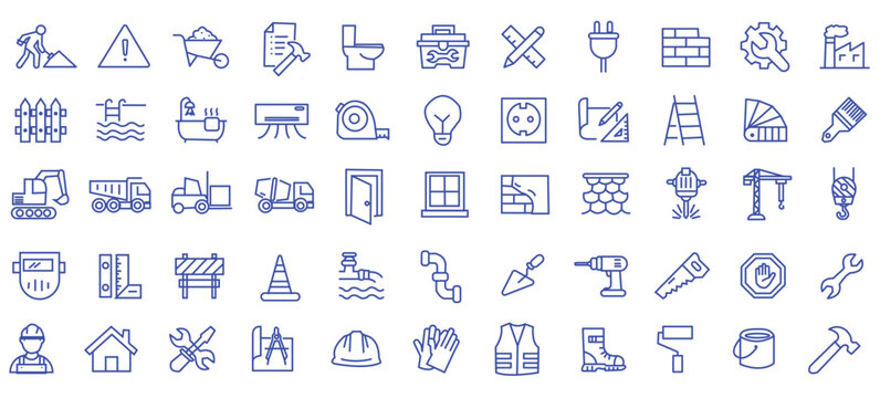 Construction icon set. Containing labor, crane, engineering, equipment, helmet, tool, builder, labour day, renovation architecture, plumbing and more. Editable line icons. Vector illustration.