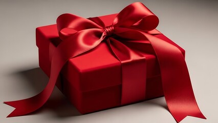 A luxurious red gift box with a bow on a gray background celebrating Happy Valentine's Day