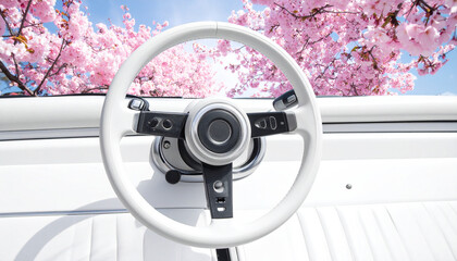 White Steering Wheel With Sakura Blossom View