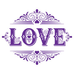 Elegant Love Design with Ornate Letters and Hearts Perfect for Invitations or Decorative Artwork