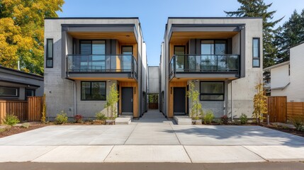 A minimalist suburban duplex with mirrored halves concrete walls and identical glass balconies Central driveway provides symmetrical composition
