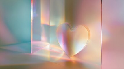Soft pastel glass panels form a central heart with iridescent reflections and gentle light.
