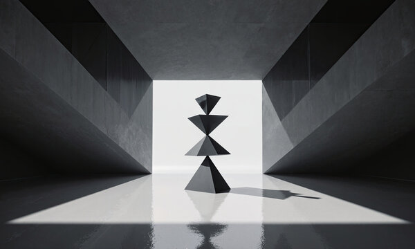 The Tipping Point - A minimalist room with a highly polished, perfectly level floor. In the center is a massive