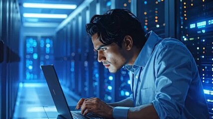 IT Technician Working on Laptop in Data Center - Powered by Adobe