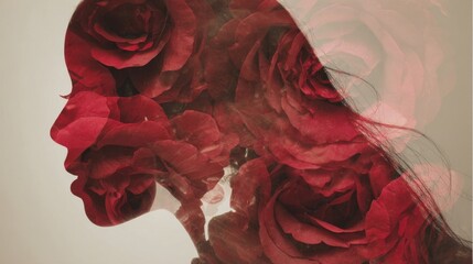 Profile silhouette of a woman made from red rose petals, a floral artistic portrait.