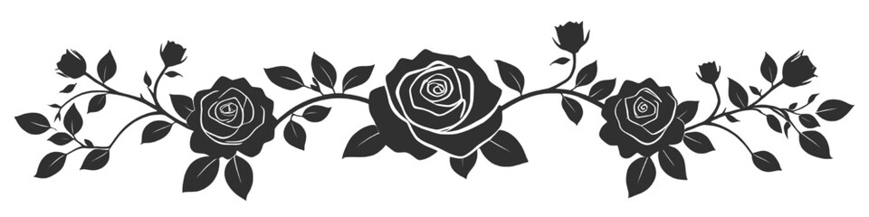 Decorative black rose flowers with leaves and branches arranged as a horizontal floral border isolated on a white background representing elegance romance and classic floral design.