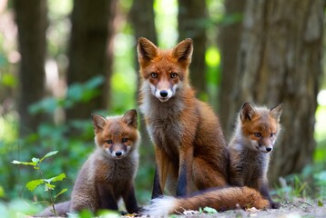 Fototapeta premium Red fox mother and her two adorable kits rest attentively in a lush forest