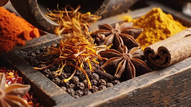 Assortment of spices displayed in wooden compartments