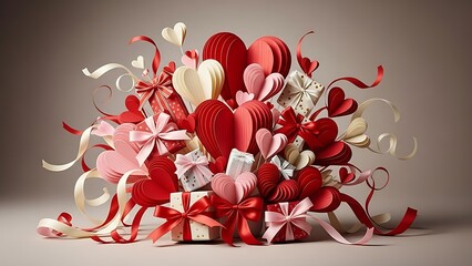 A vibrant Happy Valentine's Day celebration with hearts, flowers, and ribbons in a joyful arrangement