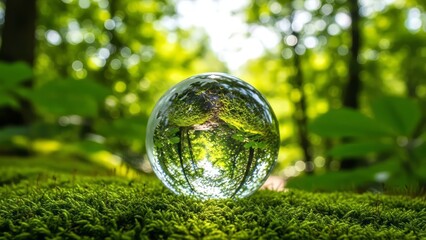 Crystal globe glass on green moss in forest to protect nature Save and care World for sustainable. concept of the environment ecology and Earth Day. eco environment and ESG concept, 8k Resolution