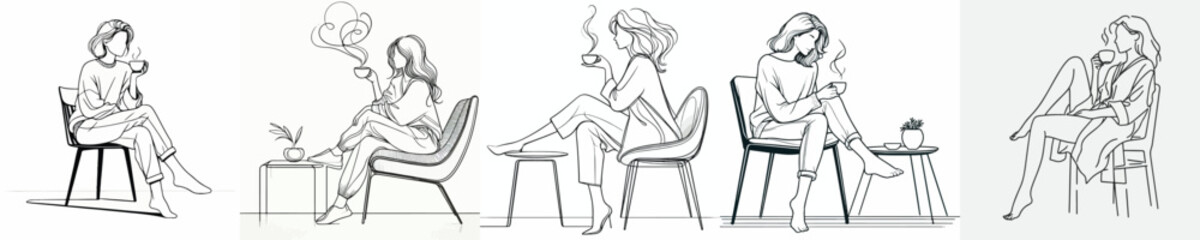 Fototapeta premium vector of a woman sitting on chair relaxed enjoying coffee