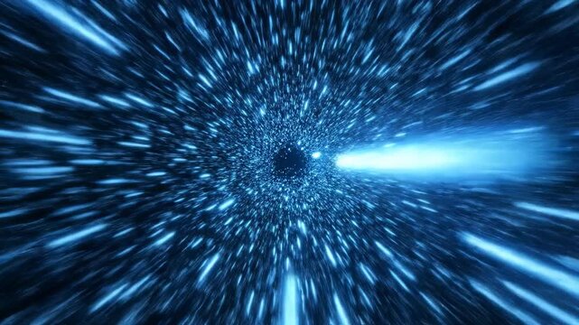 A dynamic, seamless loop of bright blue digital particles continuously accelerating through a dark, void tunnel structure blue, digital, design