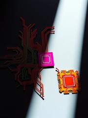 Abstract interplay of vibrant circuits on a stark background, captured from below,  vibrant, tech