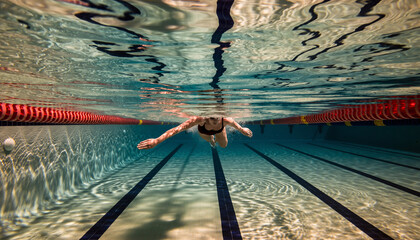 Graceful underwater glide A swimmer's serene journey through the pristine depths of a vibrant pool