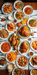 An overhead shot of a table laden with a celebratory feast, including roasted meats, seasonal vegetables, and comforting side dishes,  abundant food,  festive table