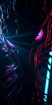 An unnerving glint from obsidian eyes, light carved into feathery form, a low-angle sentinel of the abyss ,  ink and light,  dramatic