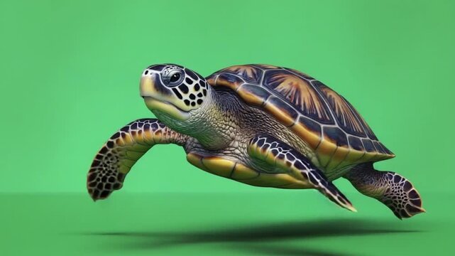 Sea turtle swimming through water with vibrant green background