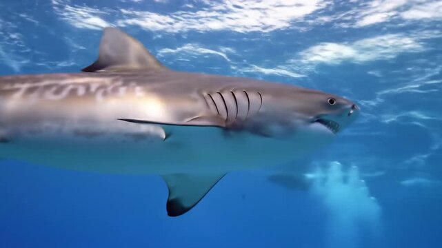 A large gray shark with sharp teeth swims underwater, its body angled to the right, against a backdrop of blue water and sunlight filtering through