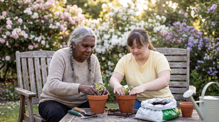 Indigenous senior woman and young girl with down syndrome planting new seedlings in the garden during springtime