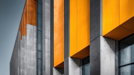 A monumental architectural design showcases strong vertical concrete walls paired with vibrant metallic accents contrasting tones Clear professional
