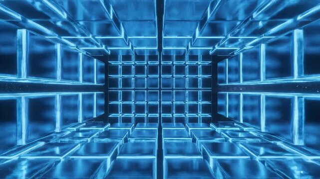 A futuristic grid of neon blue cubic shapes expands and contracts in perfect synchronization across an infinite void creating a mesmerizing loop data, dynamic, geometric pattern