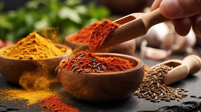 Close up of assorted colorful spices in wooden bowls with scoop