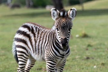 Adorable baby zebra foal standing in a vibrant green grassy field