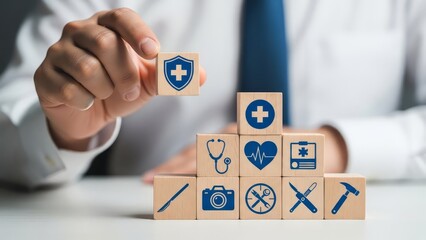 Hand arranging wood block stacking with the medical icon for healthcare and Health insurance management concept, 32k Resolution