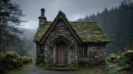 Fototapeta premium A rustic stone cottage with moss covered roof arched wooden door and chimney smoke curling faintly misty skies